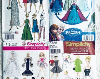 FOUR (4) Different FASHION DOLL Sewing Patterns Brand New Uncut Frozen with Elsa and Anna 1234 Simplicity 4719 5785 1242