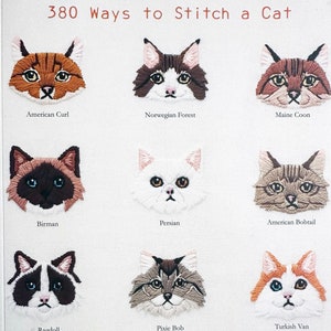 May include: A chart with illustrations of nine different cat breeds, each with a name underneath. The breeds are American Curl, Norwegian Forest, Maine Coon, Birman, Persian, American Bobtail, Ragdoll, Pixie Bob, and Turkish Van. The text "CAT LADY EMBROIDERY 380 Ways to Stitch a Cat" is at the top of the chart. The text "Applemints" is at the bottom of the chart.