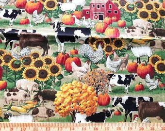 Sheep Cow Calf Rooster SUNFLOWER FARM Cotton Fabric Scenic Farm Scenes  BTY 