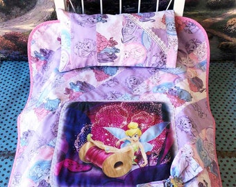 DISNEY TINKER BELL Handmade 18" American Girl Doll Bedding Quilt Set Fully Reversible with Authentic Disney Charm Pillow Case Pillow