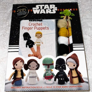 May include: A Star Wars crochet finger puppet kit includes yarn in white, beige, and yellow, and an instruction book to make 10 Star Wars characters. The finished puppets include Luke Skywalker, Darth Vader, Princess Leia, Boba Fett, and Yoda.