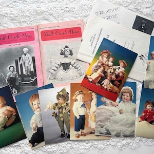 1980s 2 DOLL CASTLE NEWS Books on Dolls Dollhouses & Miniatures Plus Vintage Colored Doll Postcards