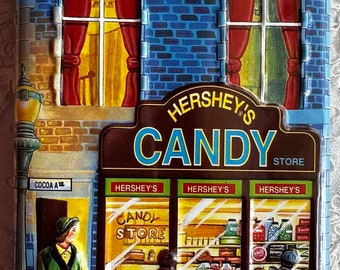 VINTAGE HERSHEY CHOCOLATE Dimensional 3D Tall Tin Canister #1 Candy Store Hershey's Village Series 2000