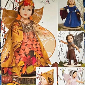 May include: Simplicity S0671 doll clothes pattern. The pattern features doll clothes for 18-inch dolls, including fairy and medieval-themed outfits. The main image shows a doll in a fall-themed fairy costume with a leaf-adorned dress and wings.