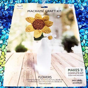 May include: Macrame craft kit to make two flowers, a sunflower and a daisy. The kit includes everything needed to create the flowers, which are 5 inches by 12 inches and 3 inches by 11 1/4 inches when finished. The kit is for advanced crafters.