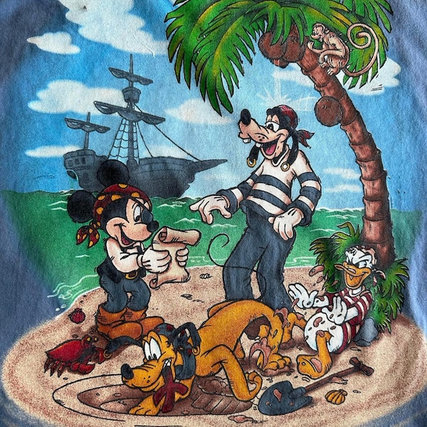 ADULT DISNEY PIRATES Tank Top Mickey Mouse Goofy Donald Duck Pluto Ship in Background Monkey in Palm Tree Blue Background Walt Disney World