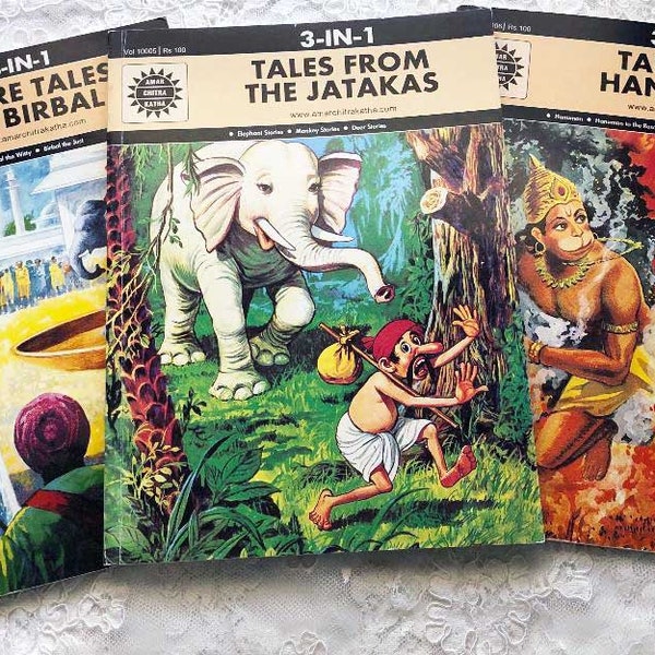 3 VINTAGE INDIA AMAR Chitra Katha Books 1990s Tales of Hanuman More Tales of Birbal Jatakas Elephant Stories Monkey Deer & More