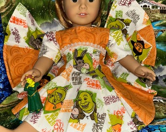 SHREK, FIONA & DONKEY Handmade 18" American Girl Doll Dress with P.V.C. Fiona and Hidden Pocket