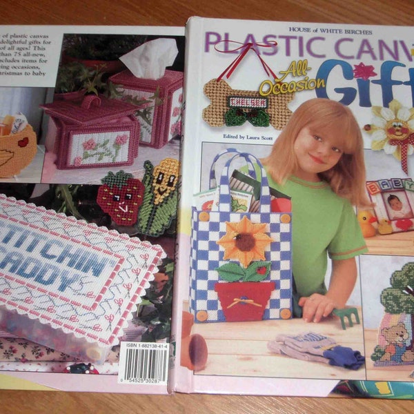 176 Pages 1st Edition PLASTIC CANVAS HARDBOUND All Occasion Gifts Fishing Theme Rubber Duck Dog Bones Container TePee Teddies Angels