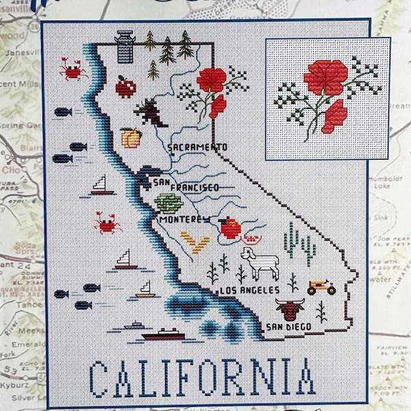 VINTAGE ORIGINAL Map of CALIFORNIA Counted Cross Stitch Leaflet Sue Hillis Designs State of California Sacramento San Francisco San Diego
