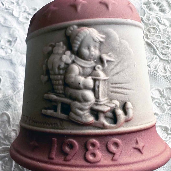 1989 VINTAGE HUMMEL COLLECTORS Bell Beautiful Peachy Mauve & Off-White Bell Church Child Sled Riding Christmas Bell Ornament