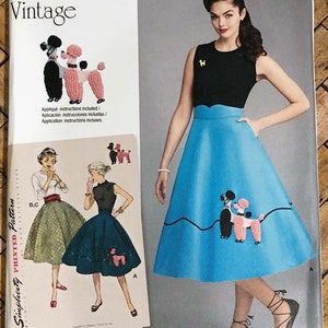May include: Simplicity sewing pattern number 8446 for a 1950s vintage skirt. The pattern includes instructions for making a skirt with a poodle applique. The pattern is for sizes 6-14, 32-40, and 34-42.