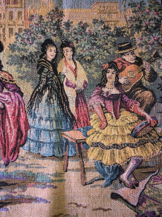 VINTAGE TAPESTRY HORSE Spanish Scene Buildings Women People