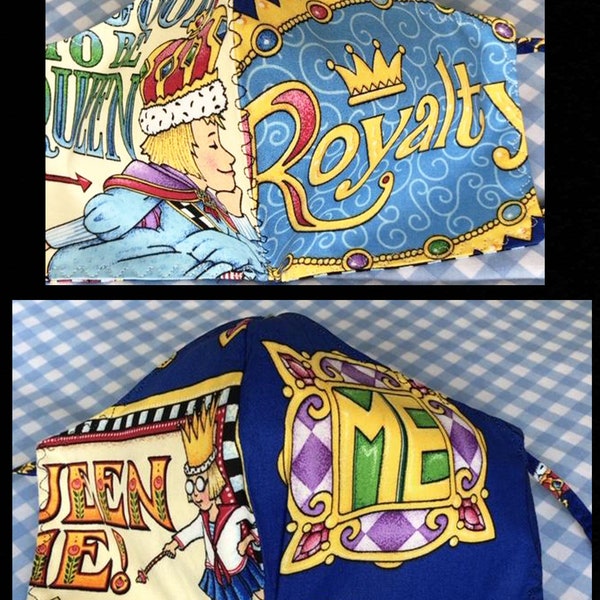 MARY ENGELBREIT ROYALTY Queen Prince Adult Face Mask Handmade U.S.A. Cotton with 3 Layers Fabric & Fabric Ties Smoke free home Non-Medical