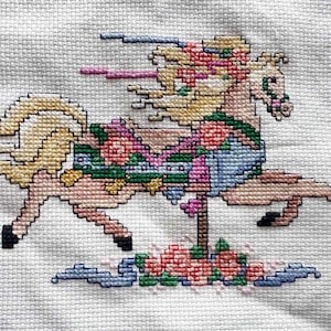 COMPLETED CAROUSEL HORSE Counted Cross Stitch on White Aida Fabric Beautifully Stitched Ready for Framing or Make into Pillow