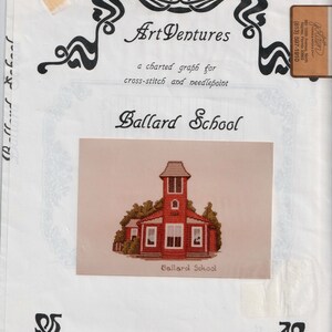 May include: A cross-stitch and needlepoint pattern for Ballard School, a red brick building with a bell tower. The pattern is part of the California Landmarks Series, designed by Jean Lanning.