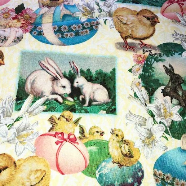 1 Yard 14 Inches VICTORIAN EASTER CHICKS Bunnies 100% Cotton Quilting Sewing Fabric Lilies Flowers Decorated Eggs Yellow Background