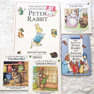 May include: A collection of eight children's books featuring Beatrix Potter characters. The books include "The Complete Adventures of Peter Rabbit", "My Little Book About Tom Kitten", "My Little Book About Two Bad Mice", "My Little Book About Ginger & Pickles", and "The World of Peter Rabbit and Friends Coloring Book".