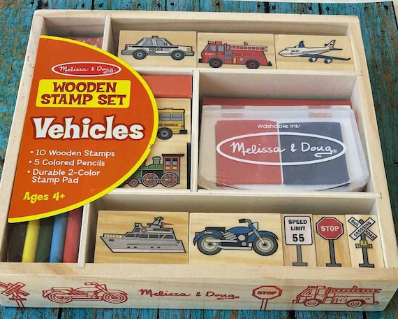 MELISSA & DOUG VEHICLES Wooden Box Set of 10 Wooden Rubber Stamps 5 Colored  Pencils and Stamp Pad Airline Fire Truck Police Train Railroad 
