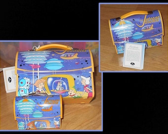 JETSONS Cartoons VINTAGE Hallmark Ornament Lunch Box & Thermos TIN from 2001 And L.E. Larger Lunchbox Certificate Authenticity