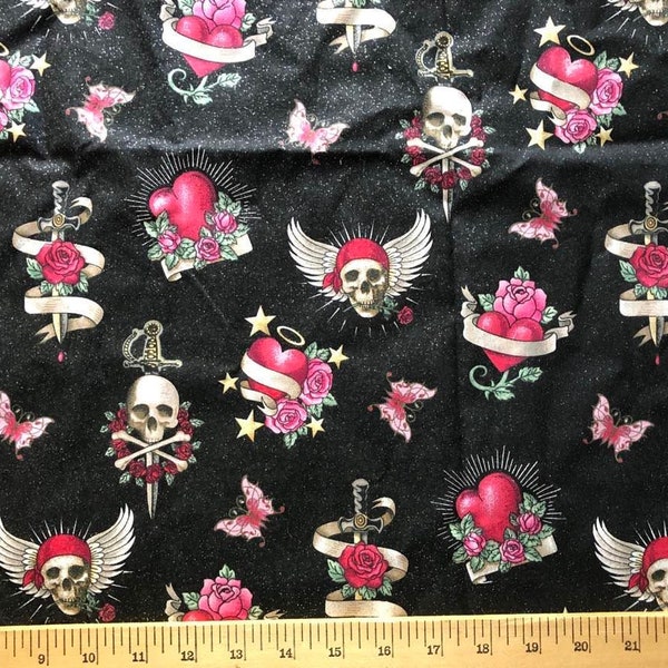 PIRATES SKULLS HEARTS Glittered 100% Cotton Sewing Quilting Fabric Remnant 22" x 44" from 2009 Fabric Traditions