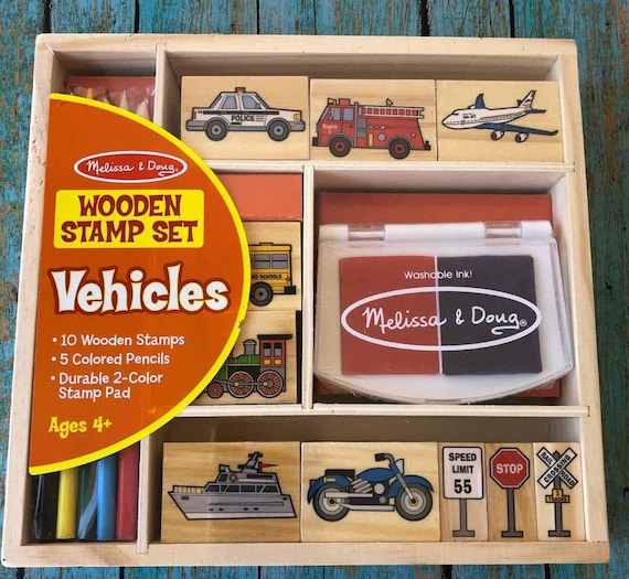 MELISSA & DOUG VEHICLES Wooden Box Set of 10 Wooden Rubber Stamps 5 Colored  Pencils and Stamp Pad Airline Fire Truck Police Train Railroad 