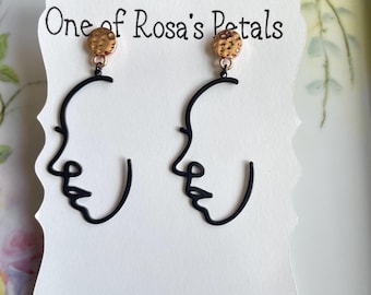 Matte Black Abstract Face Dangle Earrings: Bohemian Chic, Gold Studs