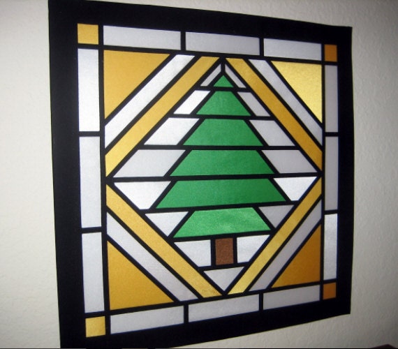 Items similar to Stained Glass Pine Tree Quilt Design Fabric Wall Art