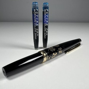 Vintage Morison Black with Clovers Ballpoint Pen with 2 Blue Ink Cartridges. Made in Japan