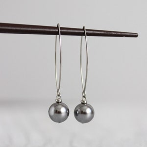 Gray Pearl Beaded Earrings 12 mm Pearl Glass Earring Silver Gray Earrings Steel Hook Earrings Trendy Dangles Elegant Work Everyday Earrings