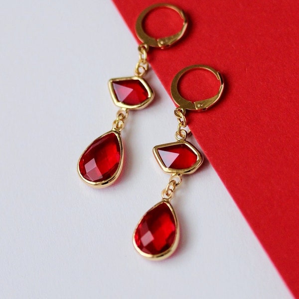 Red Crystal Drop Earrings Red Gold Earrings Long Red Drop Dangle Earrings Trendy Geometric Teardrop Earrings Elegant Bright Festive Earrngs