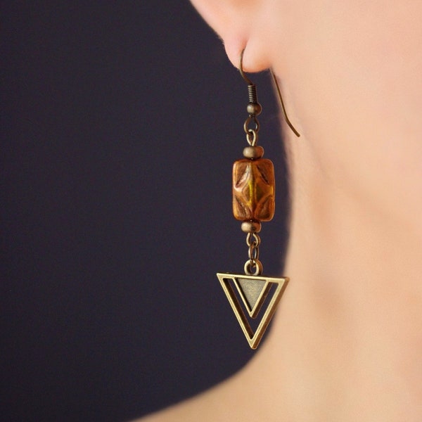 Geometric Antique Brass Earrings Brass Boho Earrings Czech Glass Beaded Earrings Brown Earrings Unique Boho Dangles Long Beaded Earrings