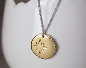Gold Round Disk Pendant Minimalist Gold North Star Necklace Stainless Steel Necklace Trendy Gold Disk Necklace Unique Celestial Necklace