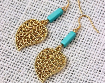 Long Gold Tone Leaf Earrings Turquoise Beaded Earrings Gold Turquoise Earrings Leaf Dangle Earrings Blue Stone Gold Earrings Leaves Earrings