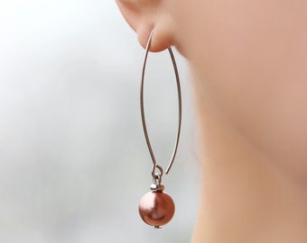 Pendientes minimalistas de perlas marrones Pendientes largos de acero Pendientes de perlas simples Pendientes de perlas largas modernas Pendientes de moda Pendientes de perlas marrones Joyería de perlas marrones