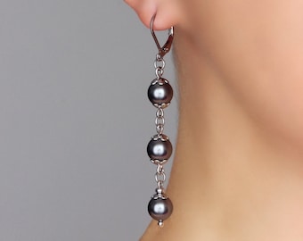 Long Triple Beads Earrings Gray Pearl Earrings Pearl Dangle Earrings Elegant Gray Pearl Jewelry Statement Three Pearl Earring 3 Ball Earring