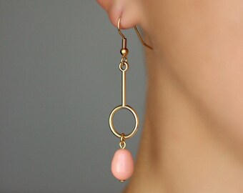 Delicate Gold Tone Earrings Pink Pearl Earrings Dainty Coral Pink Drop Earrings Geometric Minimalist Work Earrings Unique Trendy Earrings