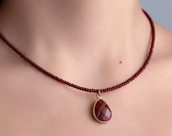 Jasper Stone Pendant Red-Brown Teardrop Gemstone Necklace Unique Red Brown Beaded Necklace Unique Jasper Drop Necklace Red Necklace Gift