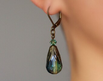 Green Crystal Drop Earrings Brass Dangle Teardrop Earrings Elegant Everyday Earrings Bohemian Earrings Green Glass Earrings Brass Jewelry