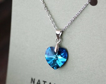 Dainty Blue Crystal Heart Necklace Blue Crystal Pendant Minimalist Heart Necklace Silver Heart Pendant Blue Necklace Love Theme Necklace
