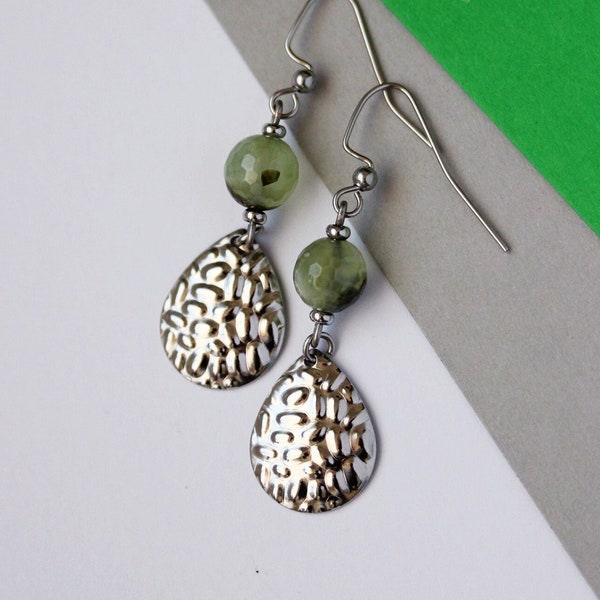 Green Prehnite Stone Beaded Earrings Stainless Steel Gesmtone Earrings Long Dangle Earrings Trendy Green Stone Earring Unique Drop Earrings