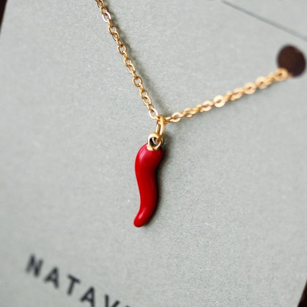 Collier Rouge Corne Italienne Collier Amulette Collier Bonne Chance Collier Cornicello Rouge Petit Pendentif Cornetto Collier Porte-Bonheur Rouge Or