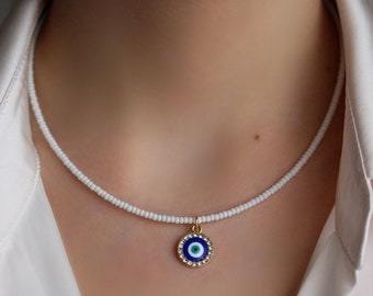 Delicate White Seed Beads Choker with Peacock Evil Eye Pendant Unique Good Luck Necklace Trendy Cute Evil Eye Necklace  White Pendant Choker