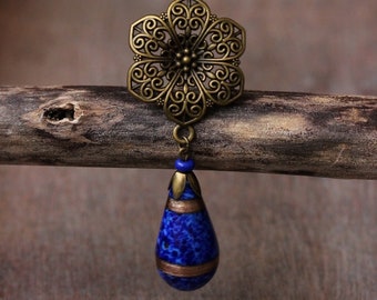 Antique Brass Necklace with Big Blue Lampwork Drop Bead Long Pendant Necklace FLower Charm Necklace Unique Boho Necklace Big Boho Pendant