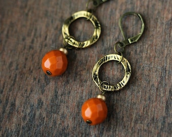 Antique Brass Earrings with Orange Glass Beads Brass Geometric Open Rings Earrings Longe Dangle Earring Unique Boho Earring Everyday Earring