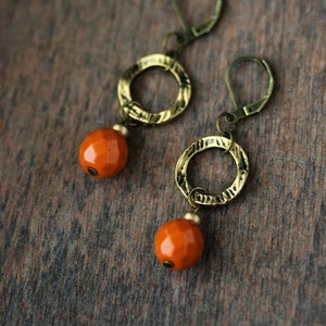 Antique Brass Earrings with Orange Glass Beads Brass Geometric Open Rings Earrings Longe Dangle Earring Unique Boho Earring Everyday Earring