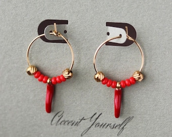 Red Beaded Gold Hoop Earrings with Italian Red Horn Pendants Unique Evil Eye Earrings Red Chili Pepper Charm Earrings Good Luck Earrings