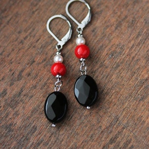 Long Natural Stone Beaded Earrings Black Onyx Red Coral Beads Earrings Unique Boho Earrings Stone Dangle Earring Oval Beads Earring For her image 1