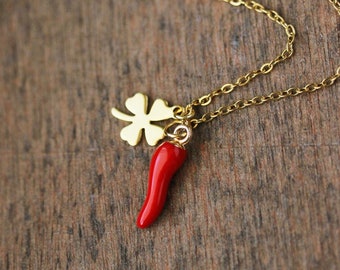 Good Luck Charms Necklace Chili Pepper Pendant Clover Leaf Pendant Boho Pink Gold Necklace Italian Horn Necklace Trendy Birthday Woman Gift