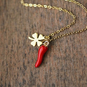 Good Luck Charms Necklace Chili Pepper Pendant Clover Leaf Pendant Boho Pink Gold Necklace Italian Horn Necklace Trendy Birthday Woman Gift image 1